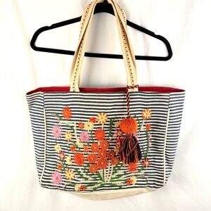 Evelyn K. Large Striped Floral Embroidered Tote Bag Travel Beach Coastal